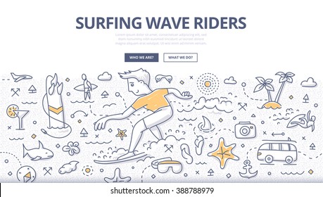 Doodle vector illustration of surfer riding ocean wave. Concept of surfing adventure for web banners, printed materials