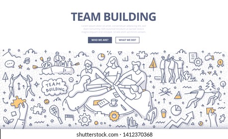 Doodle vector illustration of team building technics and activities. Group of people stack hands over the table, working together as team. Teamwork concept for web, hero images, printed materials