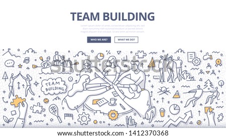 Doodle vector illustration of team building technics and activities. Group of people stack hands over the table, working together as team. Teamwork concept for web, hero images, printed materials