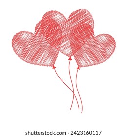 Doodle vector illustration of three beautiful bright scribble red balloons heart form isolated on a white background
