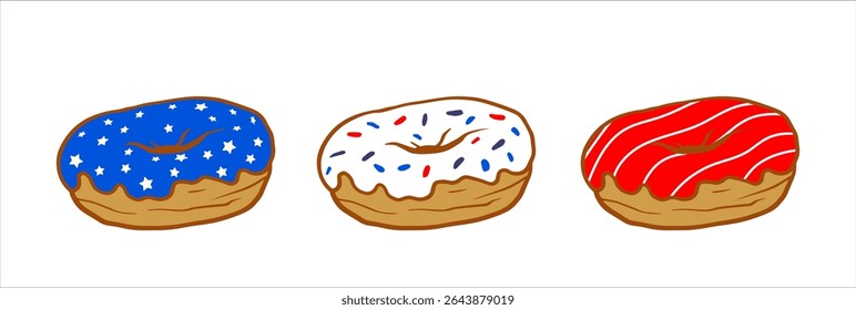 Doodle vector illustration of three patriotic donuts with star, sprinkle and stripe icings in red, white and blue. Ideal for Independence Day designs.
