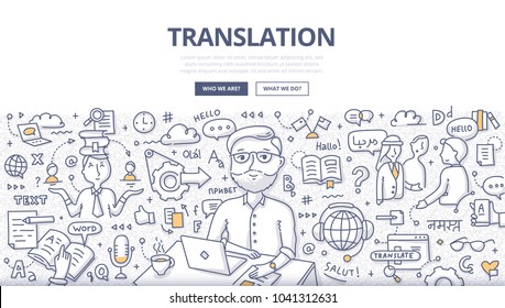 Doodle vector illustration of translator at work. Concept of translating and interpreting for web banners, hero images, printed materials