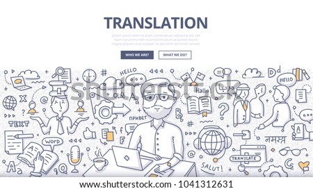 Doodle vector illustration of translator at work. Concept of translating and interpreting for web banners, hero images, printed materials