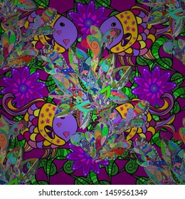 Doodle Vector illustration. Tropical fish on a green, violet and purple colors. Vector illustration. Seamless Collection of cartoon reef fishes.