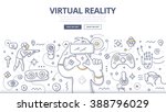 Doodle vector illustration of using computer technology simulate real environment for training, education and gaming. Concept of virtual reality for web banners, hero images, printed materials