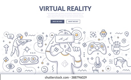 Doodle vector illustration of using computer technology simulate real environment for training, education and gaming. Concept of virtual reality for web banners, hero images, printed materials