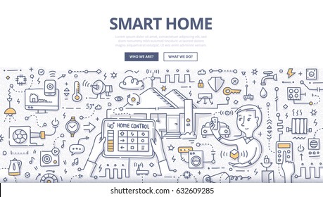 Doodle vector illustration of using modern technologies into house infrastructure, home remote control & automation. Smart home concept for web banners, hero images, printed materials