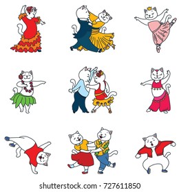 Doodle vector illustration of various style dancing cats