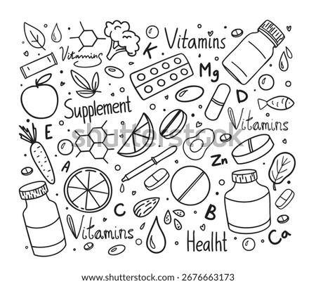 Doodle vector illustration with various vitamins, pills, healthy food elements, and supplement symbols. Perfect for health, wellness, nutrition, and pharmaceutical-themed designs.