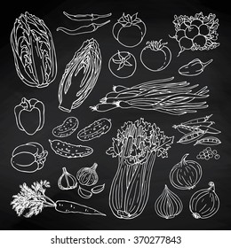 Doodle vector illustration of vegetables set. Hand drawn collection of vegetables on the chalkboard.