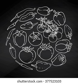 Doodle vector illustration of vegetables set. Hand drawn collection of tomatoes and pepper on the chalkboard.