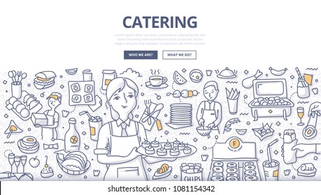 Doodle vector illustration of waitress on some festive event. Restaurant or private caterer. Concept of catering for web banners, hero images, printed materials