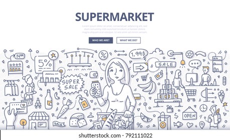 Doodle vector illustration of a woman choosing household products in grocery store . Concept of shopping in supermarket for web banners, hero images, printed materials