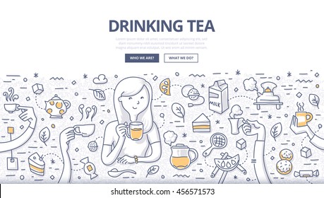 Doodle vector illustration of a woman drinking tea with tea time symbols around such as cake, teapot, sugar, lemon, cookies. Concept of having tea for web banners, hero images, printed materials