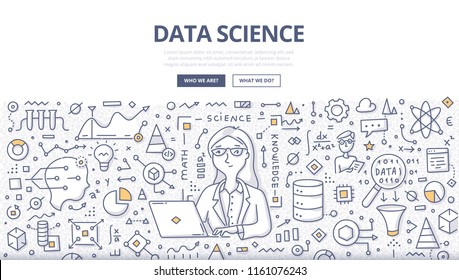 Doodle vector illustration of a woman with laptop cleansing, preparing and analyzing data. Concept of data science for web banners, hero images, printed materials