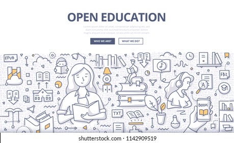 Doodle vector illustration of a woman reading book. Get education by reading paper, electronic and audio books. Open education concept for web banners, hero images, printed materials