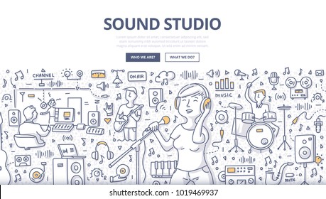 Doodle vector illustration of a woman singer and musicians in audio recording studio. Sound recording industry concept for web banners, hero images, printed materials