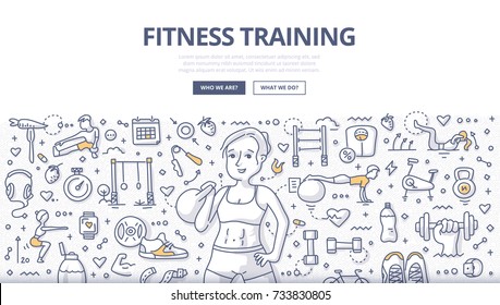 Doodle Vector Illustration Of A Woman Training With Kettlebell. Workout And Fitness Concept For Web Banners, Hero Images, Printed Materials