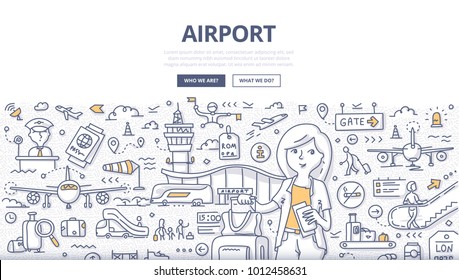 Doodle vector illustration of a woman traveler landing on the flight. Airport travel concept for web banners, hero images, printed materials