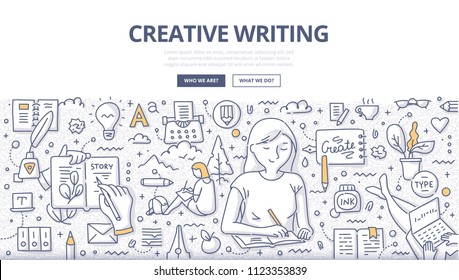 Doodle Vector Illustration Of A Woman Writing Down Ideas To Notebook. Creative Writing Concept For Web Banners, Hero Images, Printed Materials