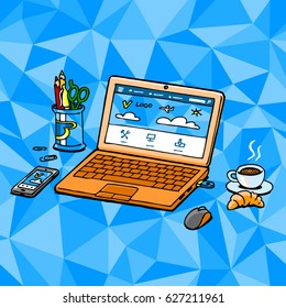 Doodle vector illustration of work place with blue geometrical background. Laptop, phone, coffee, croissant, pencils.
