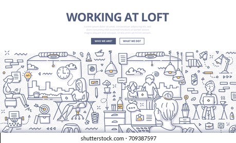 Doodle vector illustration of working at loft office, shared working environment. Concept of co-working space for web banners, hero images, printed materials