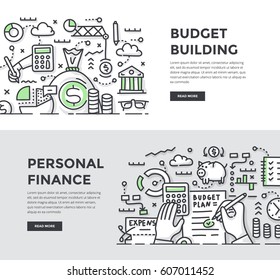 Doodle vector illustrations of building, planning and managing personal & corporate finances. Abstract concepts for web banners, hero images, printed materials