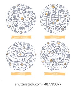 Doodle vector illustrations of creating new business, market research, fundraising and teamwork . Startup concepts