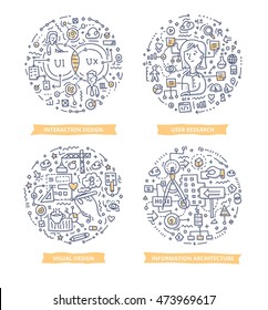 Doodle vector illustrations of creating user-centered design of website, web application or desktop software. Concepts of user experience and human Ã¢?? computer interaction