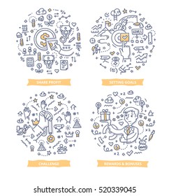 Doodle vector illustrations of different techniques to encourage and inspire employee motivation such as: share profit, give rewards, setting challenges. Concepts of motivation in business