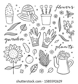 Doodle vector illustrations with farmers objects, vegetables and plants. Outline gardening collection on white background