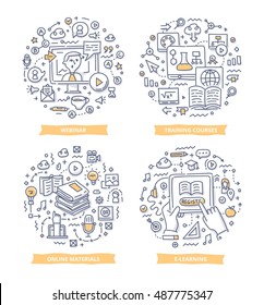 Doodle vector illustrations of getting education online, training courses, e-learning, video tutorial and webinar. Education and learning concepts