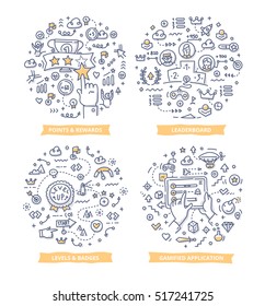 Doodle vector illustrations of integrating game mechanics into website, application or online community to engage and motivate people. Concepts of gamification in business and education