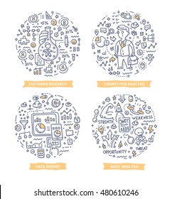 Doodle vector illustrations of product and service market research, competitor analysis and customer audit. Research and analysis concepts