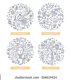 Doodle vector illustrations of project management areas: time management, human resources, risk management an communication