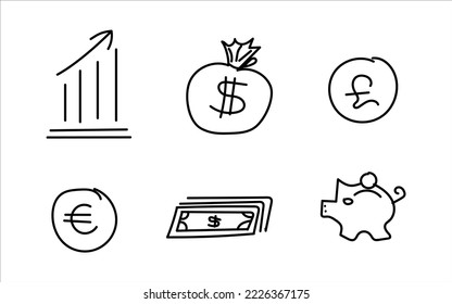Doodle vector illustrations - Save money. Sketch design elements. Finance, payments, banks, cash, money box. Perfect for business presentations, web, bunners, advertising