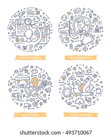 Doodle vector illustrations of searching information, relevant content. Concepts of search ranking and optimization