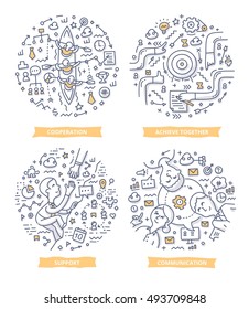 Doodle vector illustrations of teamwork, cooperation and communication in team, achieving business goals. Concept of working together in group