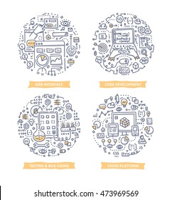 Doodle vector illustrations of web interface, software, application development, testing an de-bugging, coding and creating mobile app