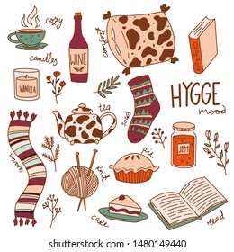 Doodle vector isolated on white background. Hygge clip art, cozy autumn winter set, Scandinavian style. Pillow, books, scarf, knit, teapot, floral elements, pie, candles. Clip art, poster