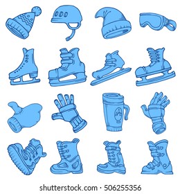 Doodle vector isolated Winter sports skates hat glasses gloves helmet coffee mug snowboard boots ski snow ice hockey racing circuit curly blue white.