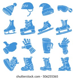 Doodle vector isolated Winter sports skates hat glasses gloves helmet coffee mug snowboard boots ski snow ice hockey racing circuit curly blue white.