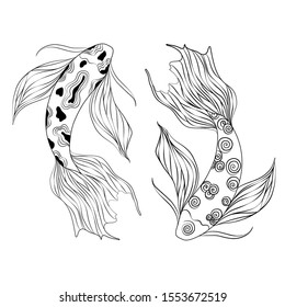 Doodle Vector Koi fishes in black outline