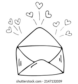 Doodle vector letter envelope with heart. Hand drawn logo or icon with thin black line.