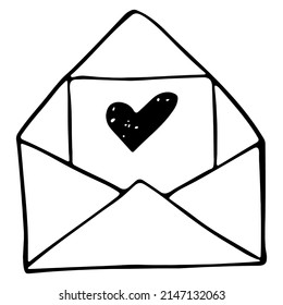 Sobre de carta vectorial Doodle con corazón. Logo dibujado a mano o icono con delgada línea negra.