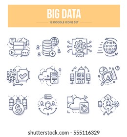 Doodle vector line icons of big data technology, processing information, analyzing statistics