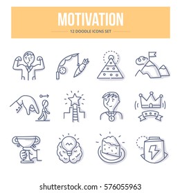 Doodle vector line icons of business and personal motivation, productivity and success