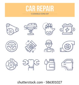 Doodle vector line icons of car repair and auto service maintenance