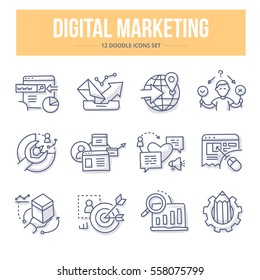 Doodle vector line icons of digital marketing, seo, social media, market analysis, increasing sales, creating content and new product management 