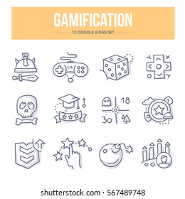 Iconos de la línea vectorial Doodle de símbolos de gamificación, estrategia de juegos y mecánica que involucran a la gente para participar en negocios en línea, educación y medios sociales